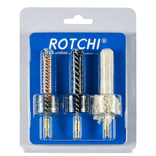 Kiväärikammion puhdistusharja 3-in-1 setti, läpipainopakkaus ja korttipakkaus. Saatavilla